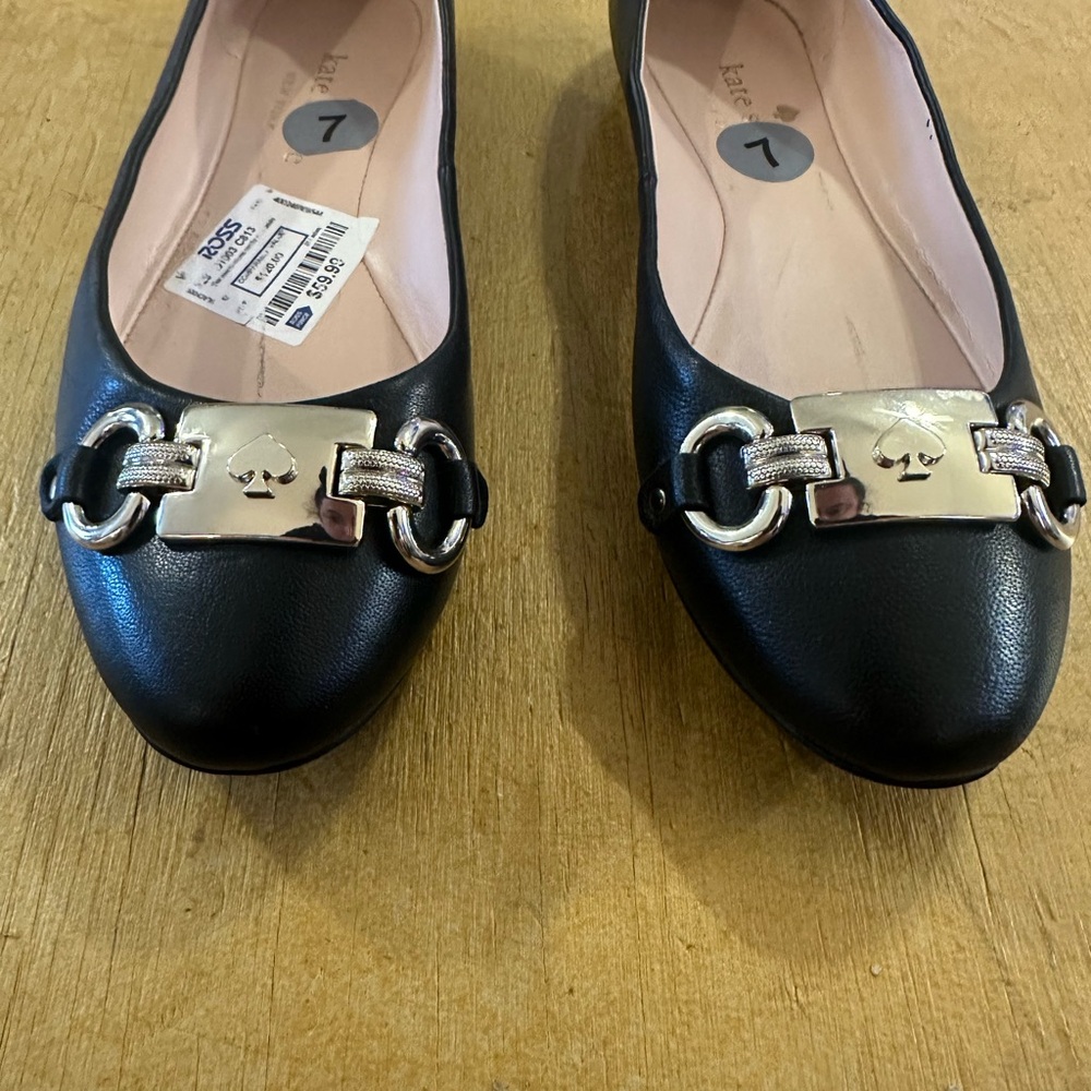 Kate Spade Black Leather Flats with Gold Accents